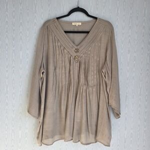 Indigo Soul Womens XL Top‎ Pintuck Pleated Neutral Beige Nautical Cottage Fairy